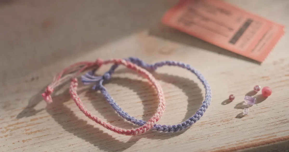 Deux bracelets d'amitié tressés, un rose et un lavande, entrelacés en forme de cœur sur une table en bois