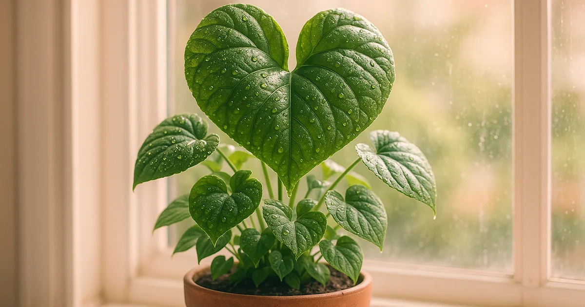 Plante verte luxuriante en forme de cœur près d'une fenêtre