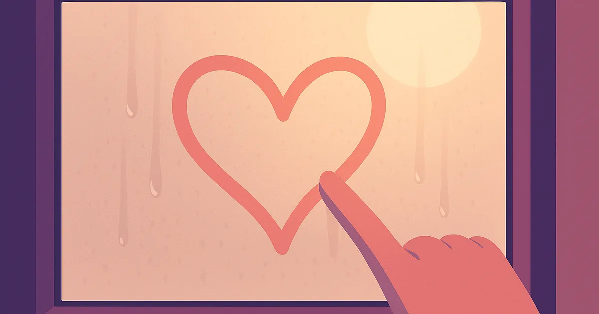 Un cœur dessiné du bout du doigt sur une vitre embuée, devant une lumière douce