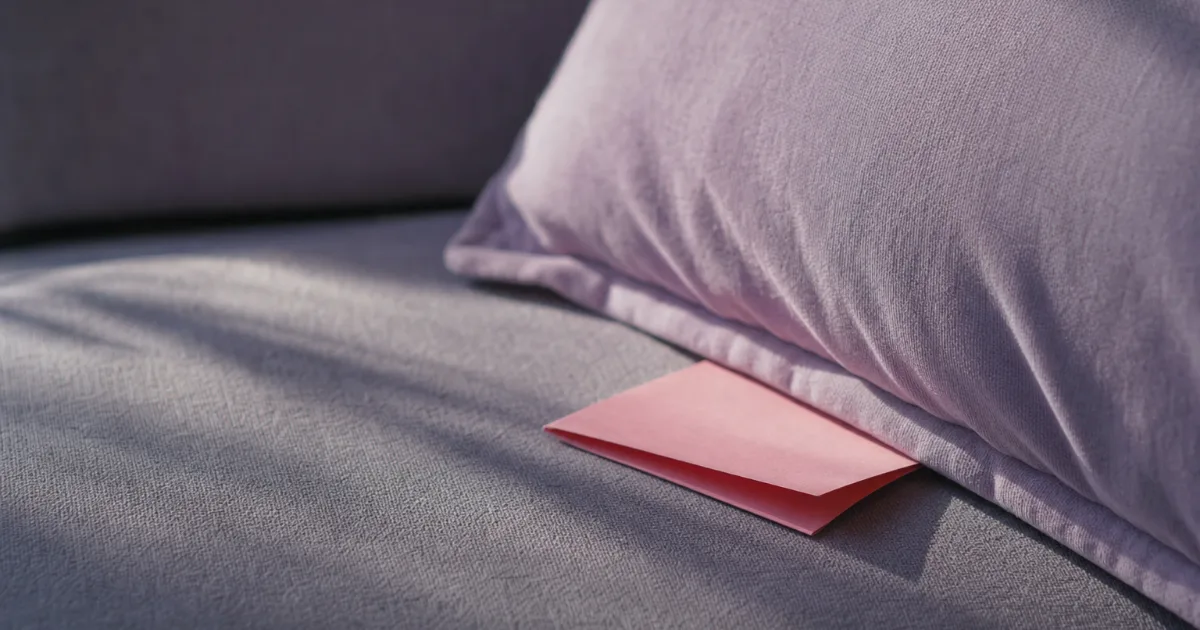 Un mot en papier rose plié, à moitié glissé sous un coussin lavande sur un canapé, un coin qui dépasse