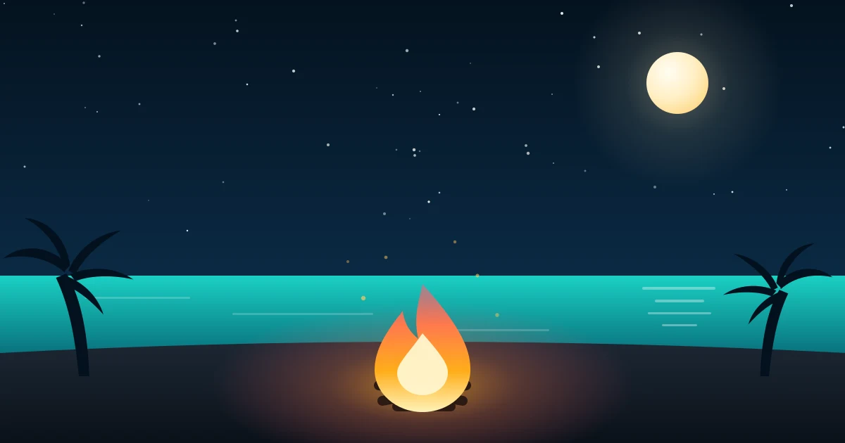 Feu de camp sur une plage tropicale la nuit, avec palmiers et pleine lune
