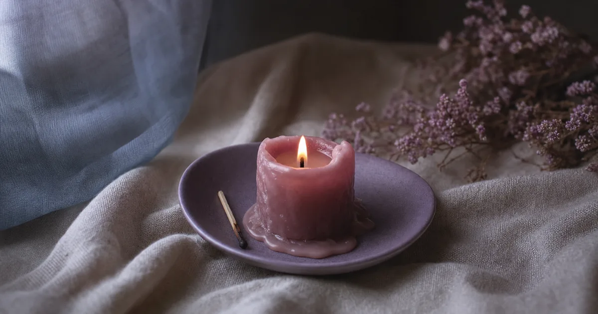 Une bougie rose consumée presque jusqu'au bout, encore allumée d'une petite flamme, sur une coupelle lavande, avec une allumette usagée posée à côté