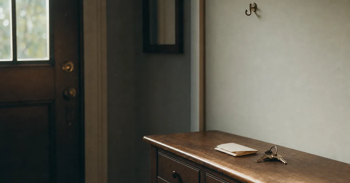 A set of keys and a folded note left on a console table in the entryway, under an empty coat hook
