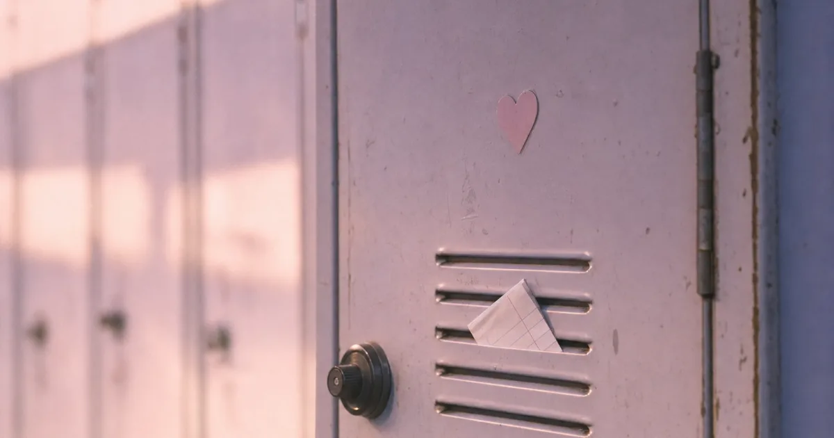 La porte d'un casier de lycée en métal clair avec un petit autocollant en forme de cœur et un mot plié glissé dans la grille