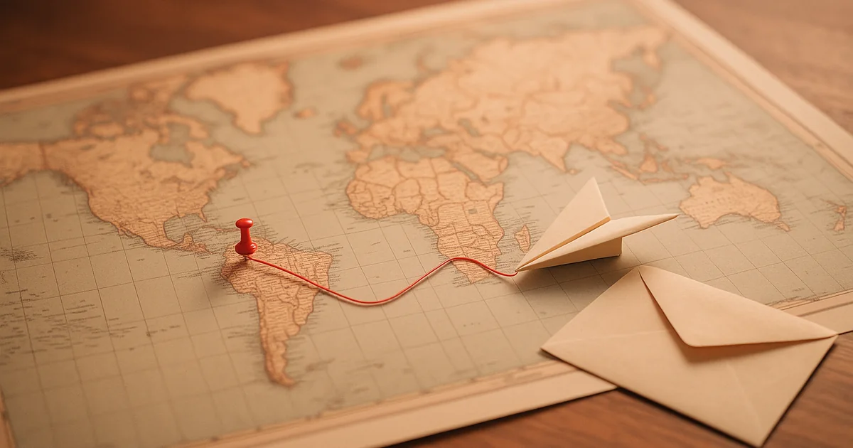 Carte du monde avec deux épingles reliées par un fil rouge