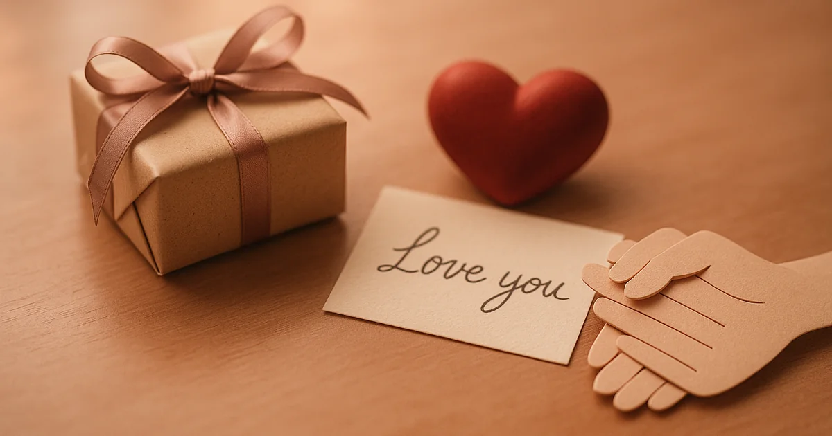 Petit cadeau, mot d'amour et cœur rouge sur une table
