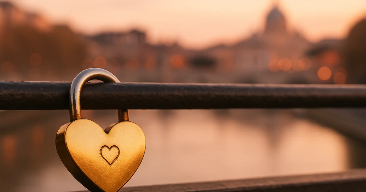 Cadenas d'amour doré accroché à un pont au coucher du soleil