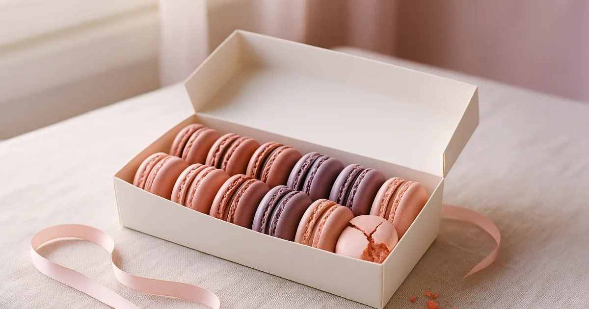 Une boîte de macarons pastel roses et lilas, tous parfaits sauf un, fendu en deux, quelques miettes tombées sur la nappe en lin à côté d'un ruban rose