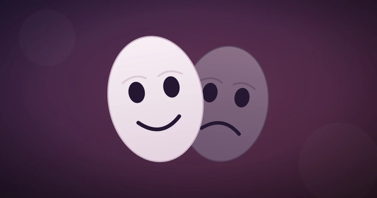 Masque de théâtre blanc à deux visages sur fond sombre, symbole de la double personnalité