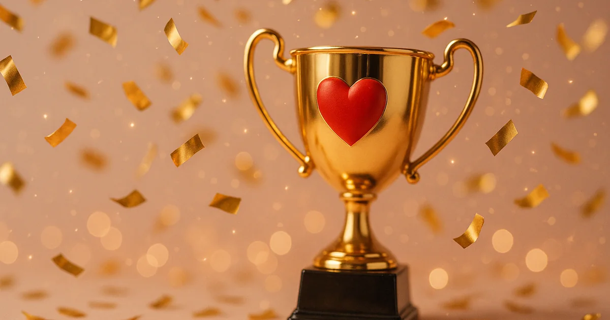 Trofeo dorado con un corazón rojo bajo confeti
