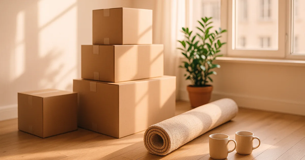 Cartons de déménagement dans un appartement lumineux et vide