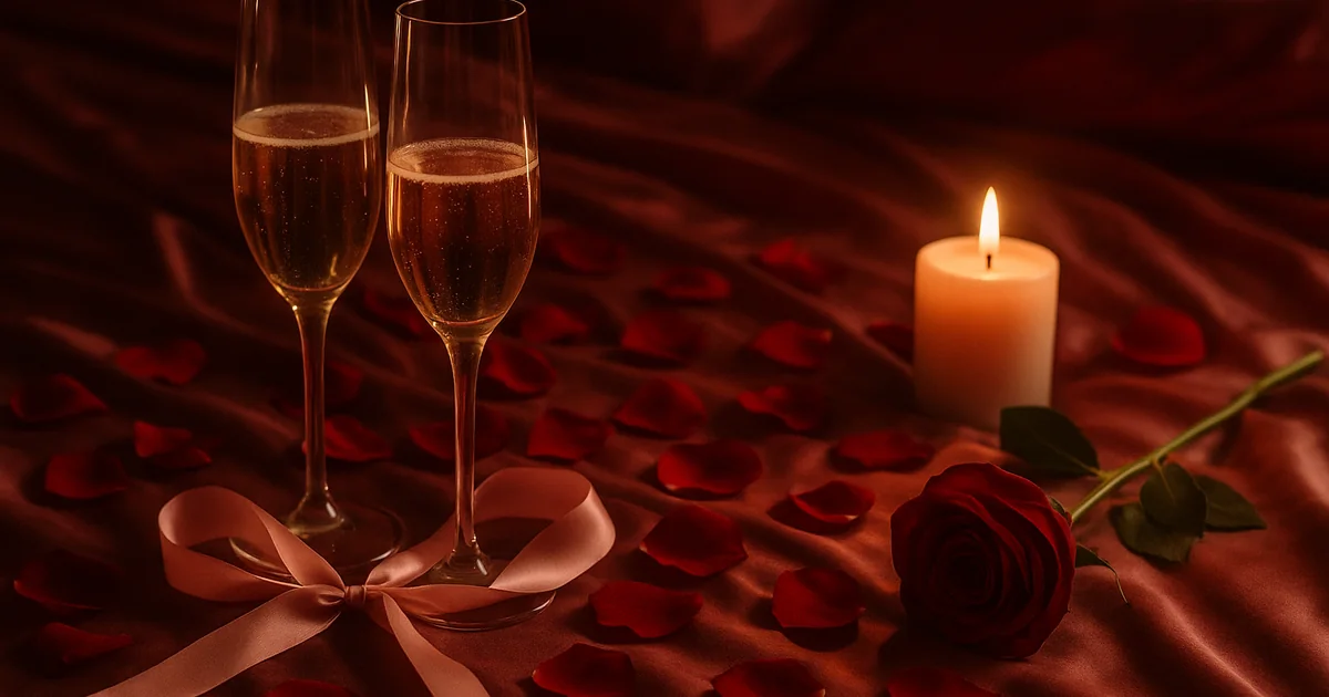Ambiance romantique : deux coupes de champagne, pétales et bougie sur un lit