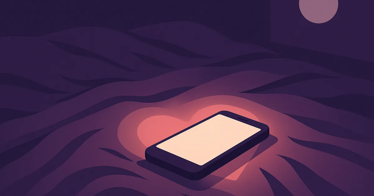 Un téléphone posé sur un lit la nuit, l'écran allumé qui éclaire un halo en forme de cœur
