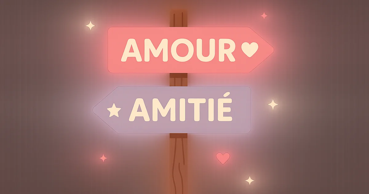 Un panneau de bois à deux flèches opposées : AMOUR en rose d'un côté, AMITIÉ en violet de l'autre