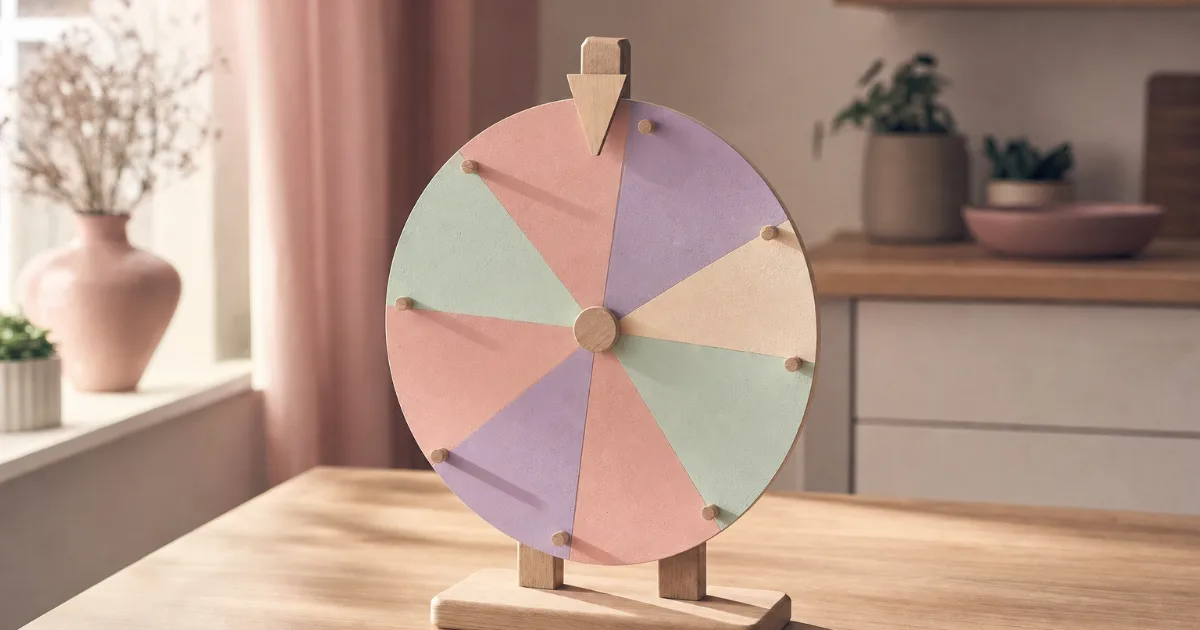 Une petite roue de la fortune en bois peint aux cases pastel, rose, lavande, crème et menthe, posée sur une table de cuisine