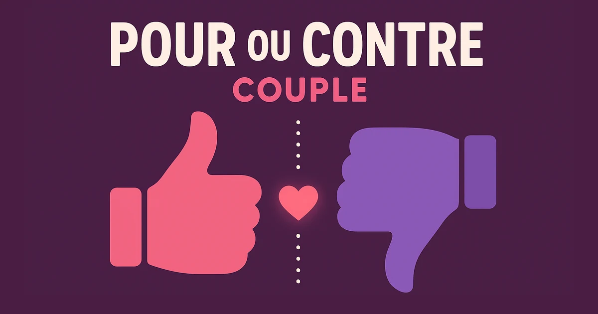 Un pouce levé rose et un pouce baissé violet séparés par un cœur, pour le jeu pour ou contre en couple