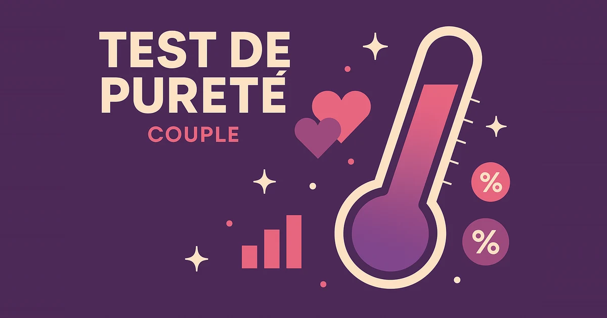 Thermomètre stylisé rose et violet entouré de cœurs, illustrant le test de pureté du couple