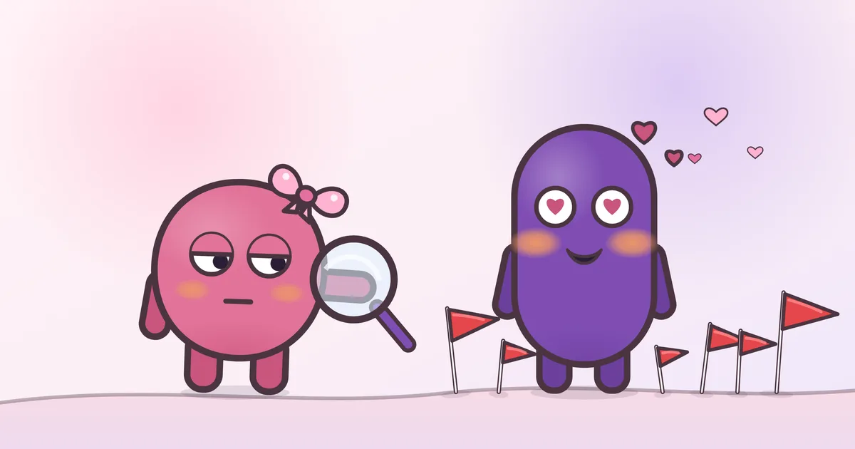 La mascotte rose, l'air sceptique, examine à la loupe la mascotte violette qui sourit avec des cœurs dans les yeux, entourée de petits drapeaux rouges plantés dans le sol