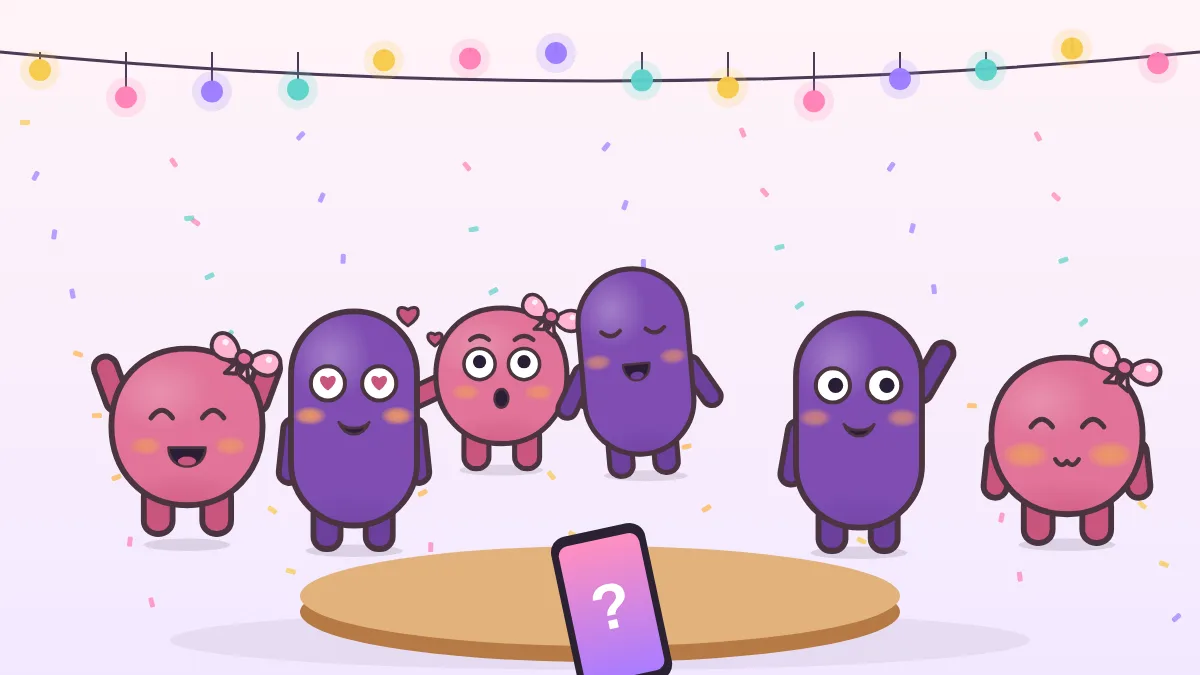 Trois couples de mascottes, roses et violettes, réunis autour d'une table basse où un téléphone affiche un point d'interrogation, sous une guirlande lumineuse et des confettis