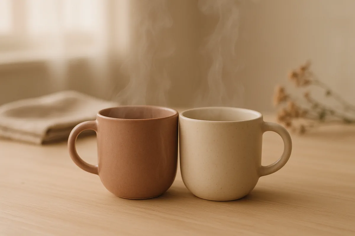 Deux tasses en céramique de couleurs différentes posées côte à côte, l'une contre l'autre
