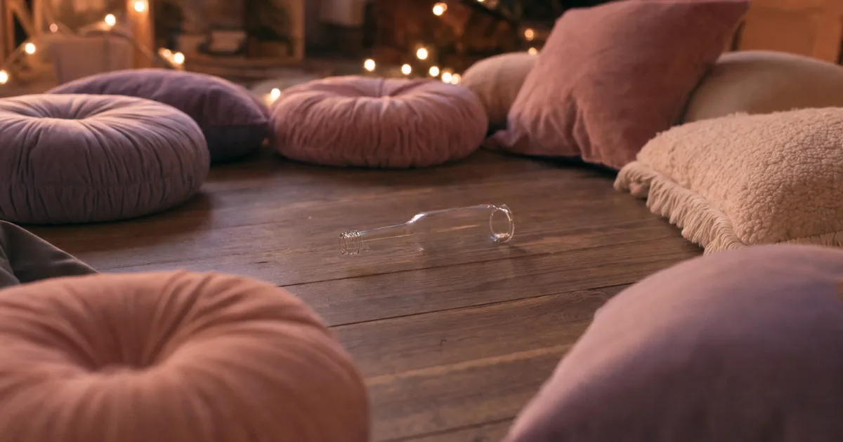 Une bouteille en verre couchée sur un parquet au milieu d'un cercle de coussins roses, lavande et crème, une guirlande lumineuse derrière