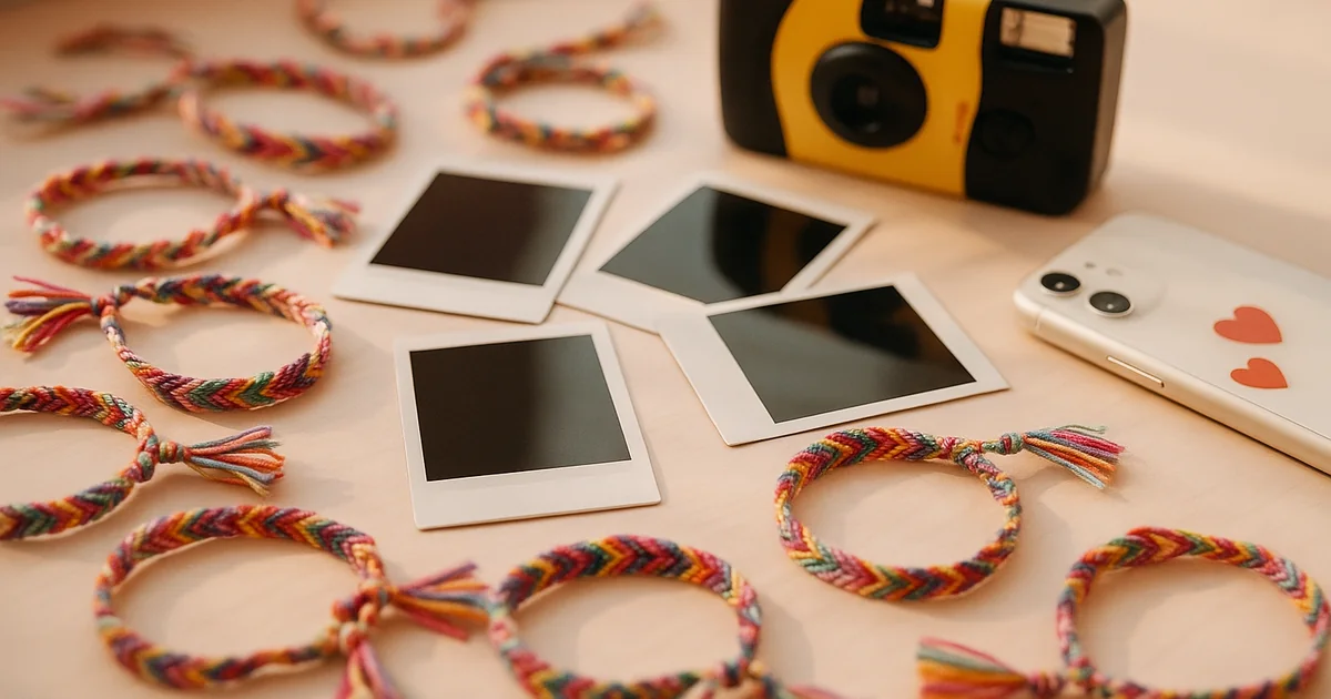 Bracelets d'amitié et photos polaroïd sur un bureau