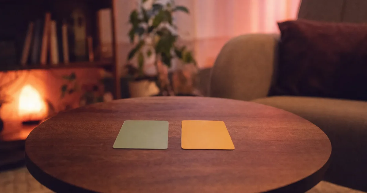 Deux cartes vierges posées face à face sur une petite table ronde en bois, une verte et une jaune, comme prêtes à être retournées