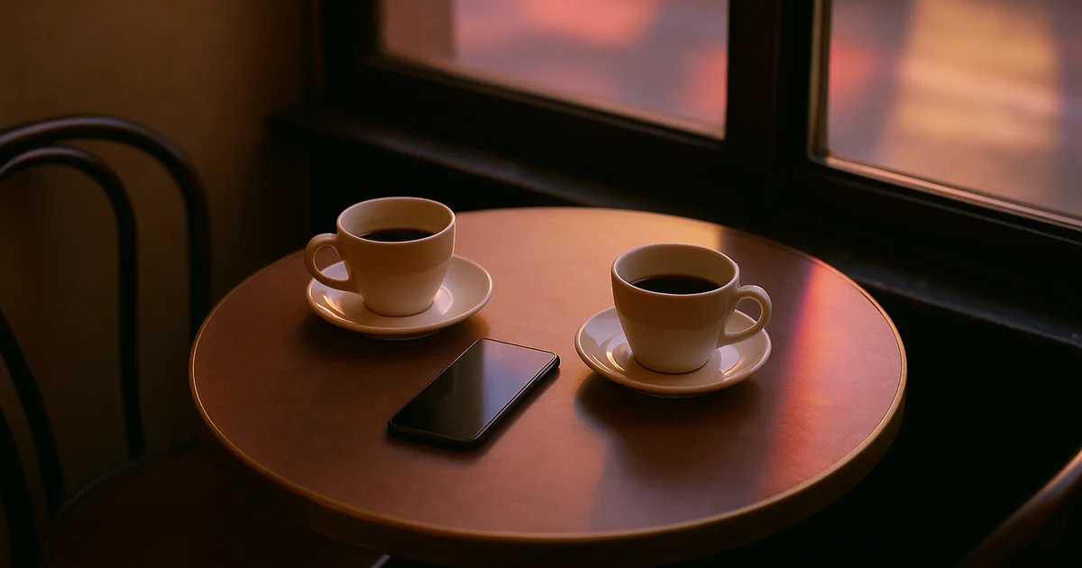 Deux tasses de café face à face sur une table de bistrot, en pleine conversation