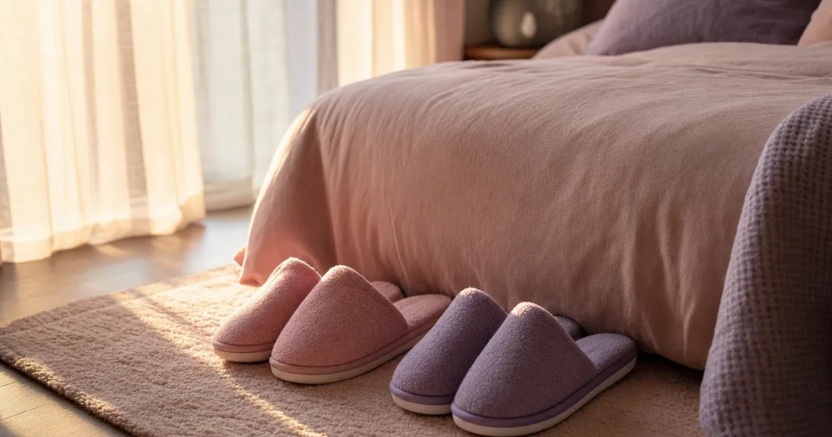 Deux paires de chaussons côte à côte au pied d'un lit fait, une rose et une lavande, dans la lumière du matin