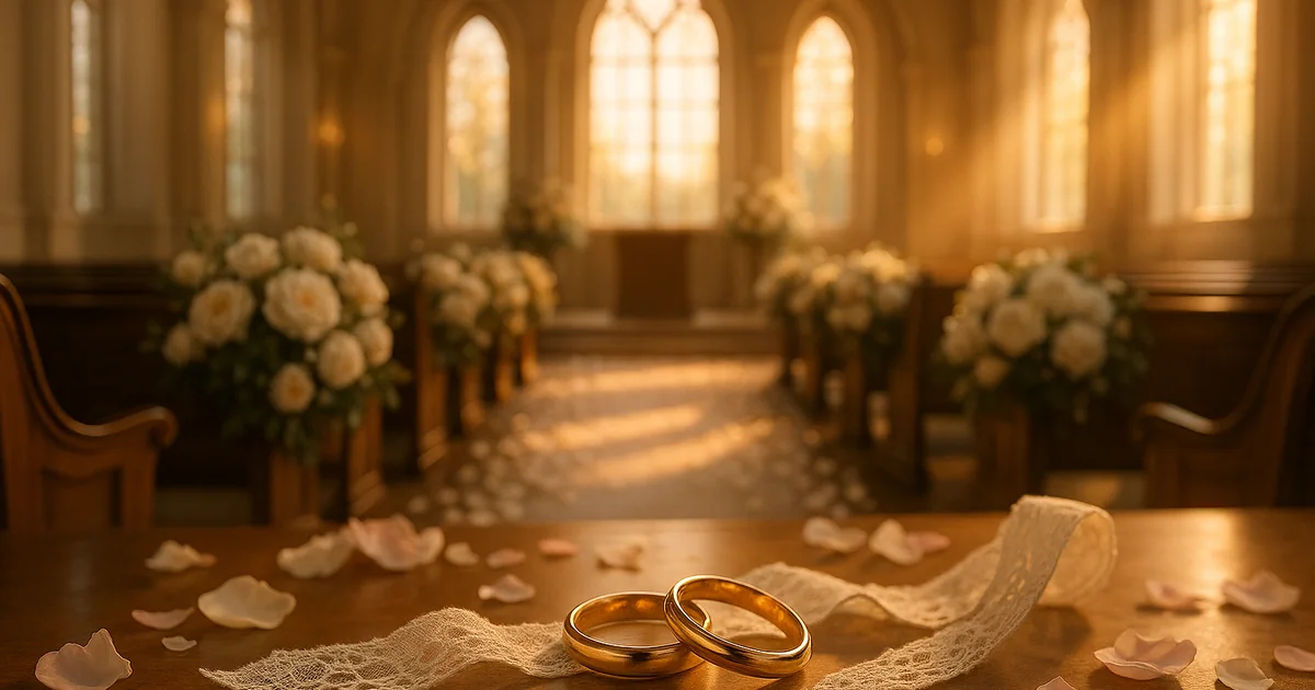 Deux alliances dorées devant l'autel d'une chapelle de mariage