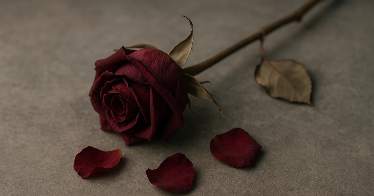 Rose rouge fanée posée sur une surface grise et froide