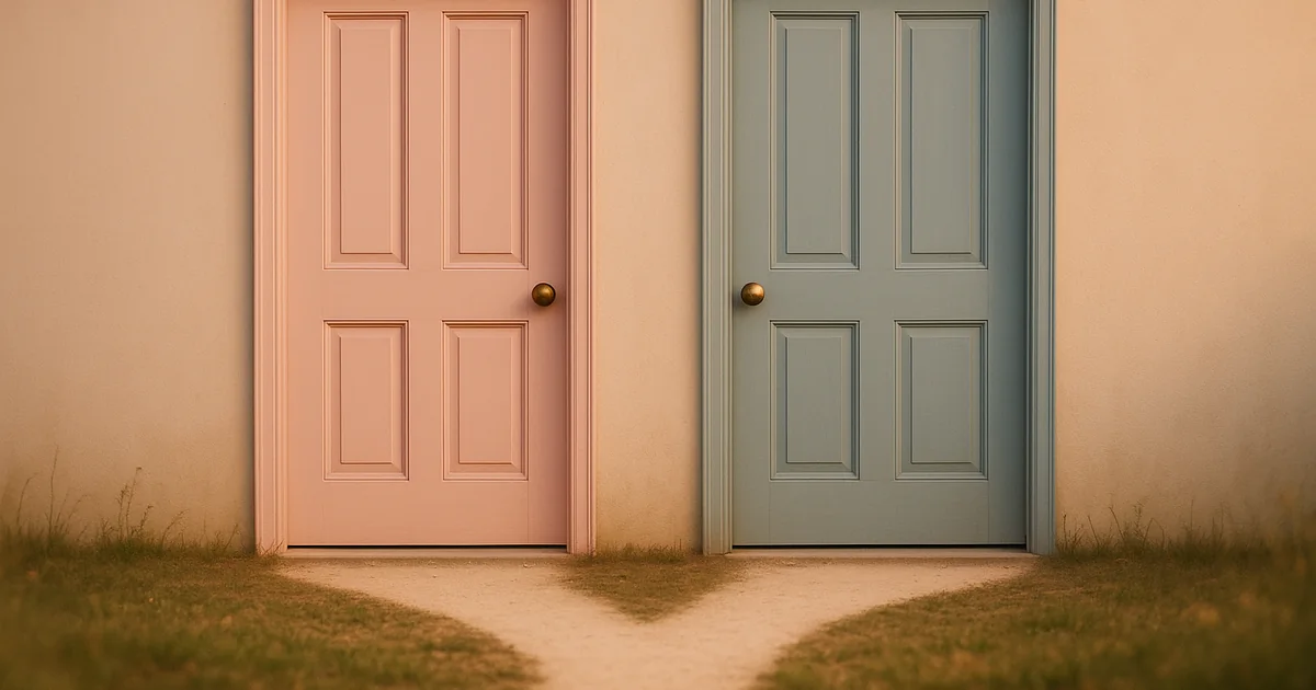 Deux portes, une rose et une bleue, symbolisant un choix