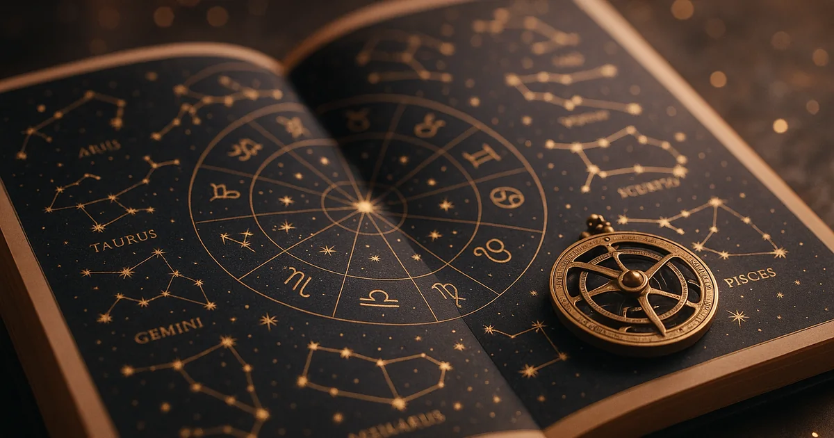 Carte astrologique avec les constellations dorées du zodiaque